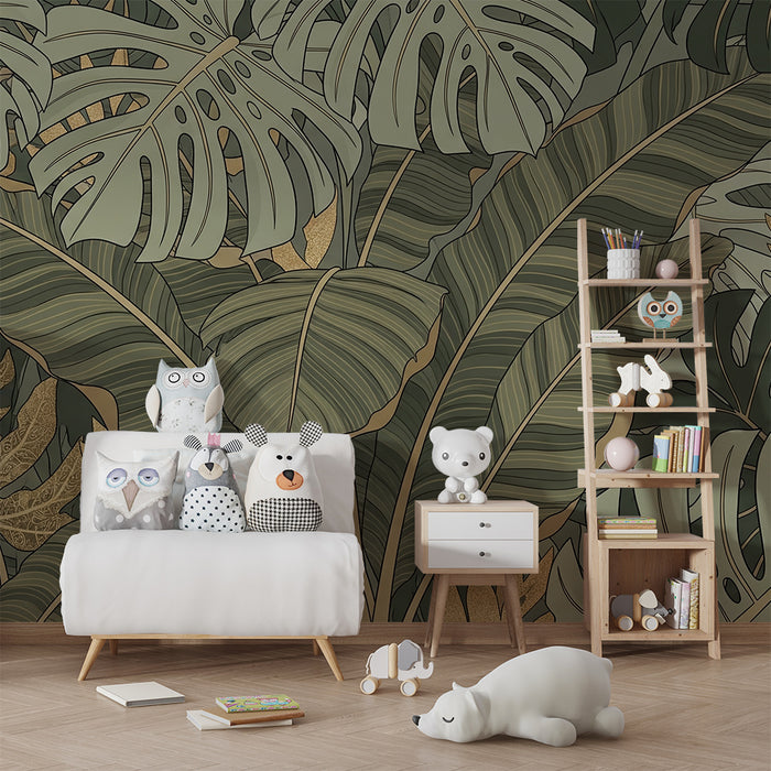 Papel pintado infantil | Follaje tropical exuberante con tonos dorados
