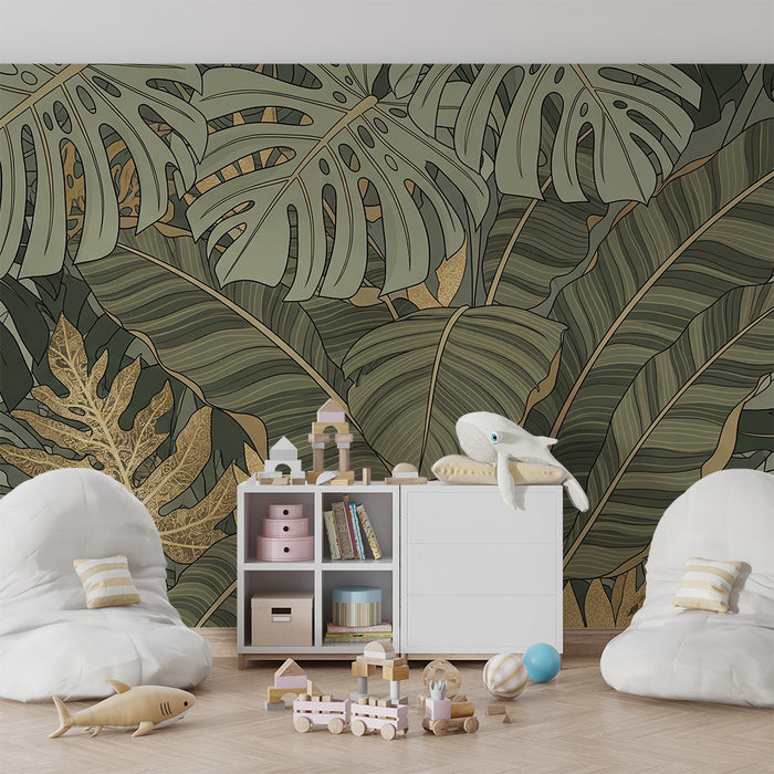 Papel pintado infantil | Follaje tropical exuberante con tonos dorados