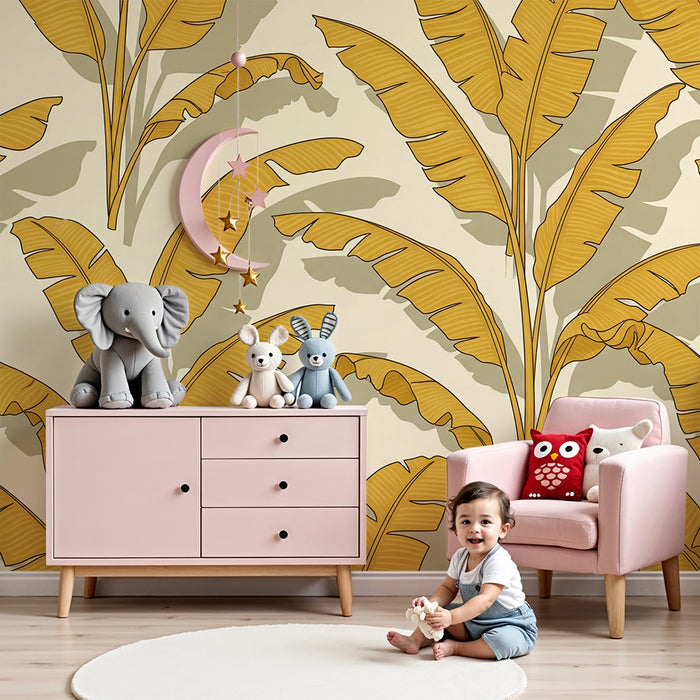 Papier peint chambre enfant | Feuilles de bananier dorées sur fond crème