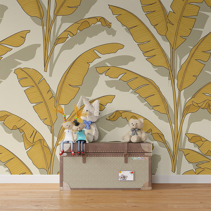 Papier peint chambre enfant | Feuilles de bananier dorées sur fond crème