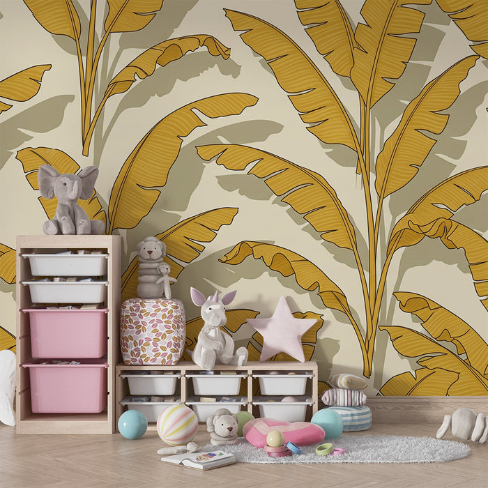 Papier peint chambre enfant | Feuilles de bananier dorées sur fond crème