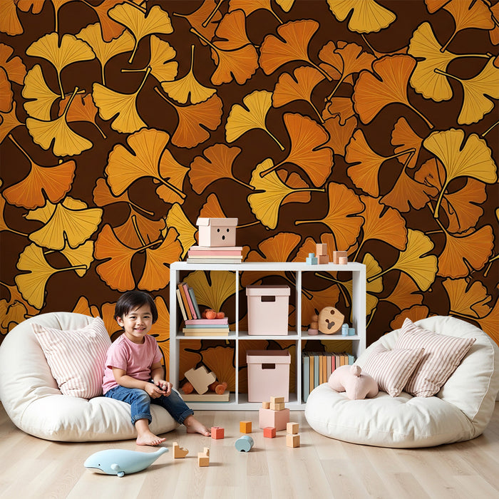 Children's Room Wallpaper | Golden Ginkgo Leaves on Brown Background