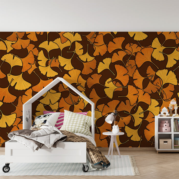Children's Room Wallpaper | Golden Ginkgo Leaves on Brown Background