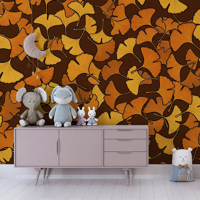 Children's Room Wallpaper | Golden Ginkgo Leaves on Brown Background