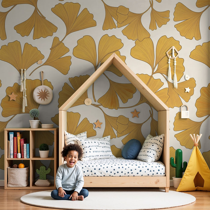 Papier peint chambre enfant | Feuilles de ginkgo dorées sur fond crème