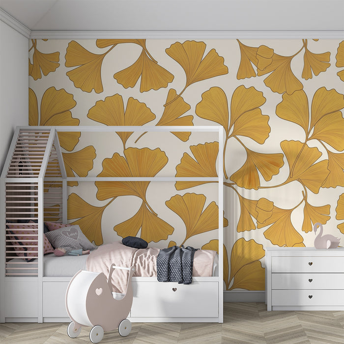 Papier peint chambre enfant | Feuilles de ginkgo dorées sur fond crème