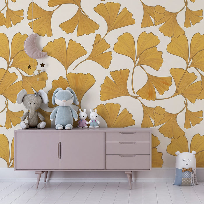 Papier peint chambre enfant | Feuilles de ginkgo dorées sur fond crème