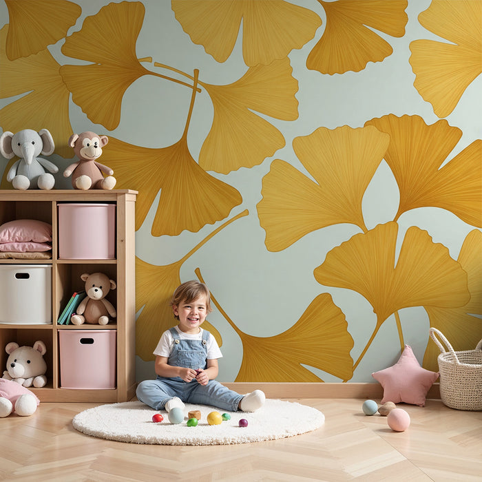 Papier peint chambre enfant | Feuilles de ginkgo dorées sur fond doux