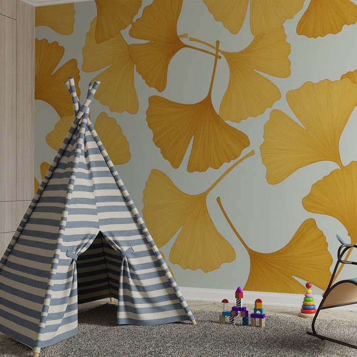 Papier peint chambre enfant | Feuilles de ginkgo dorées sur fond doux