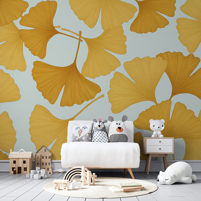 Papier peint chambre enfant | Feuilles de ginkgo dorées sur fond doux