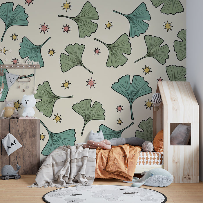 Behang kinderkamer | Gekleurde ginkgoblaadjes en sterren op zachte achtergrond