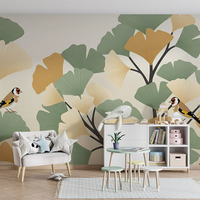 Papel pintado infantil | Hojas de ginkgo y pájaros coloridos sobre fondo suave