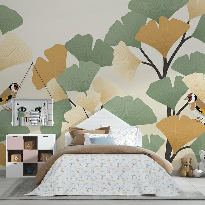Papel pintado infantil | Hojas de ginkgo y pájaros coloridos sobre fondo suave