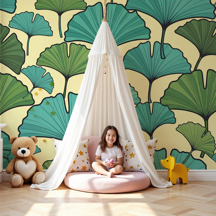 Kids' Room Wallpaper | Stylized Ginkgo Leaves on a Soft Background