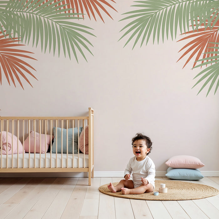 Gyermekszoba tapéta | Színes pálmafalevelek puha háttéren