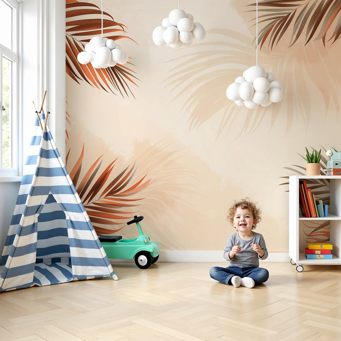 Kinderzimmer Tapete | Palmenblätter in warmen Farbtönen