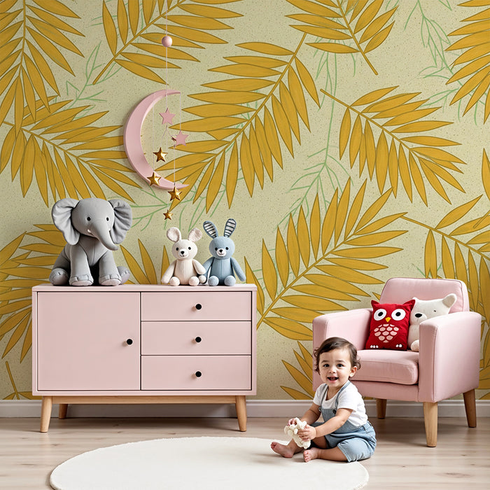 Papier peint chambre enfant | Feuilles de palmier dorées sur fond crème