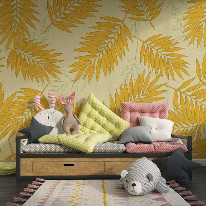 Papier peint chambre enfant | Feuilles de palmier dorées sur fond crème