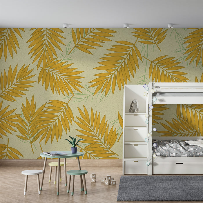 Papier peint chambre enfant | Feuilles de palmier dorées sur fond crème