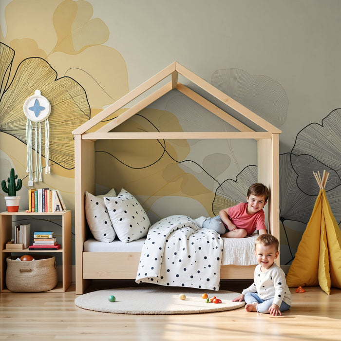 Kids room wallpaper | Delicate leaves and soft yellow colors