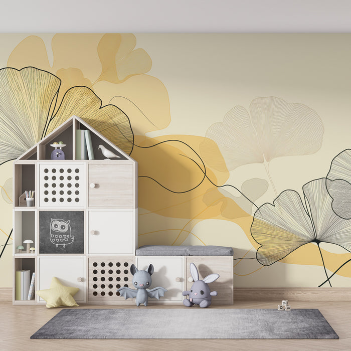 Kids room wallpaper | Delicate leaves and soft yellow colors