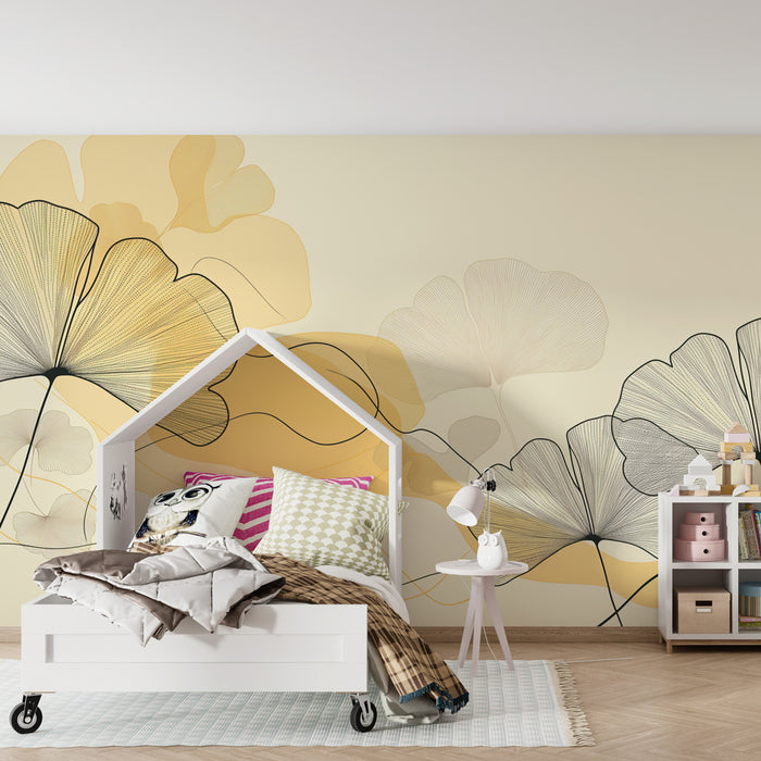 Kids room wallpaper | Delicate leaves and soft yellow colors
