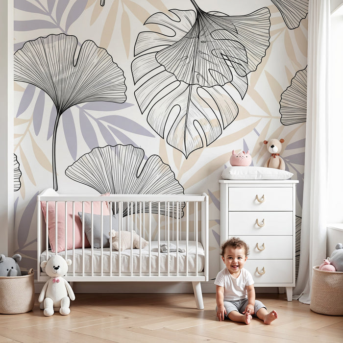 Kinderzimmer Tapete | Zarte Blätter und botanische Muster