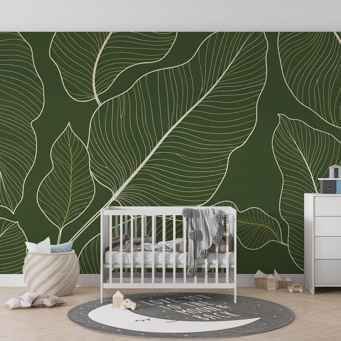 Kids room wallpaper | Delicate leaves on a green background