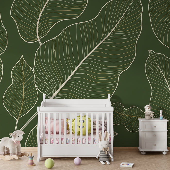 Kids room wallpaper | Delicate leaves on a green background