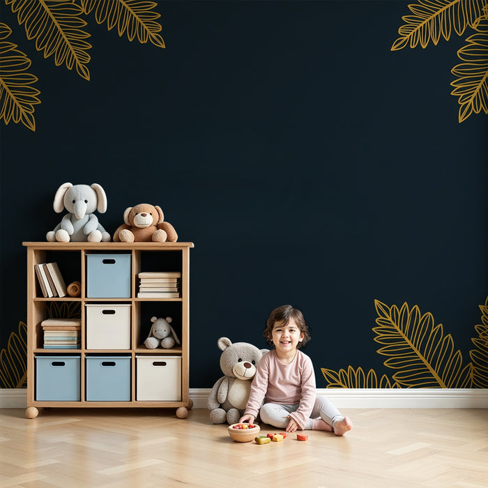 Carta da parati bambini | Foglie dorate su sfondo nero elegante