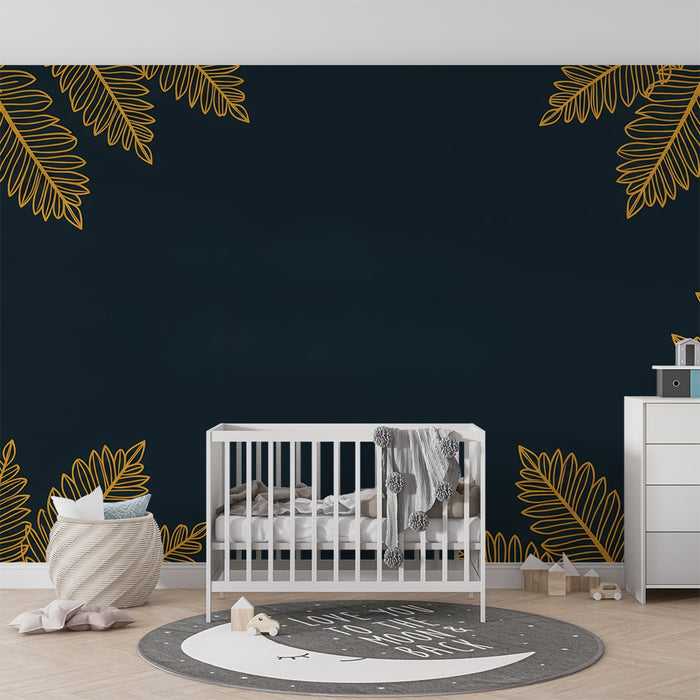 Carta da parati bambini | Foglie dorate su sfondo nero elegante