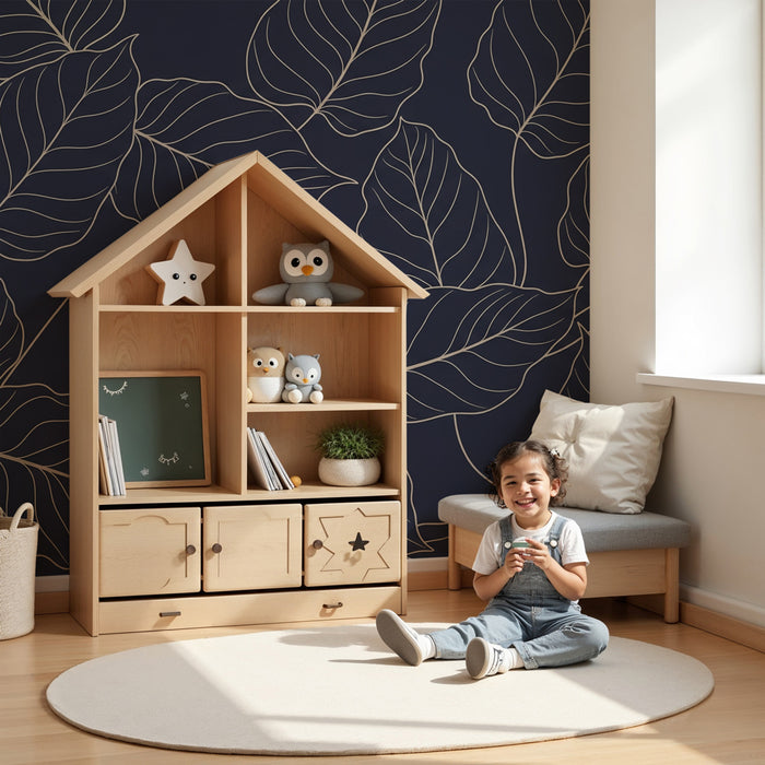 Papel de parede criança | Folhas elegantes em fundo marinho