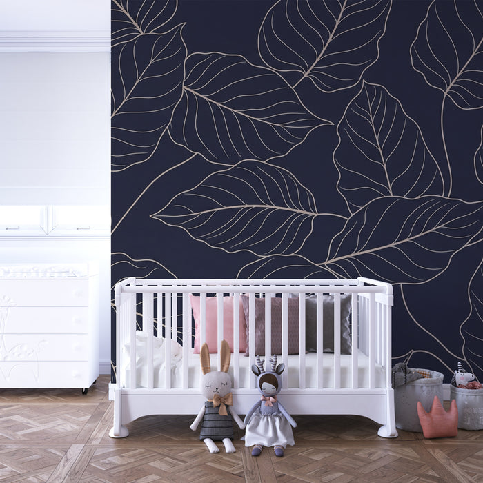Papel de parede criança | Folhas elegantes em fundo marinho