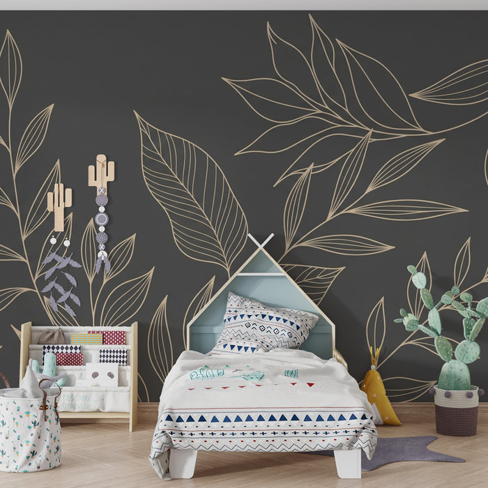 Kinderzimmer Tapete | Elegante Blätter auf dunklem Hintergrund