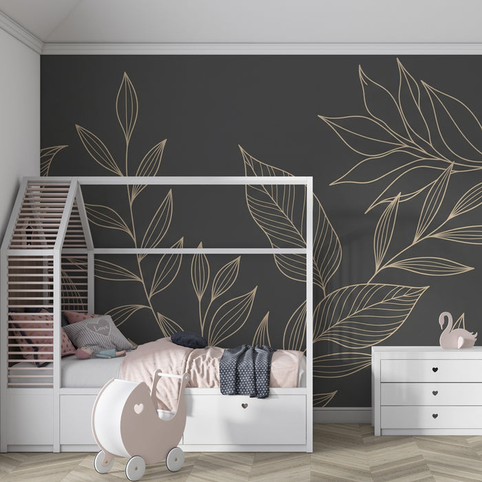 Kinderzimmer Tapete | Elegante Blätter auf dunklem Hintergrund