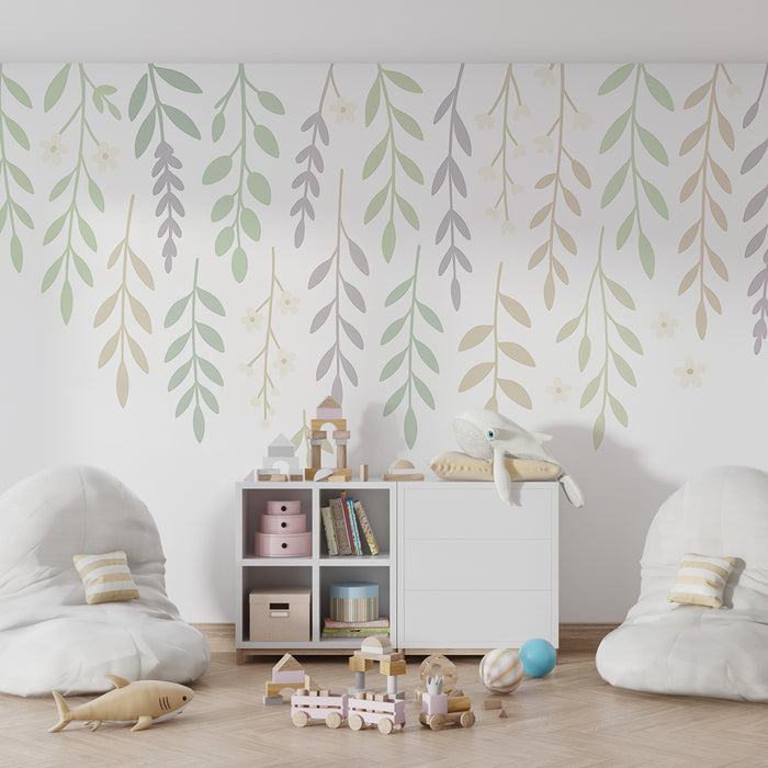 Kinderzimmer Tapete | Zarte Blätter und Blumen