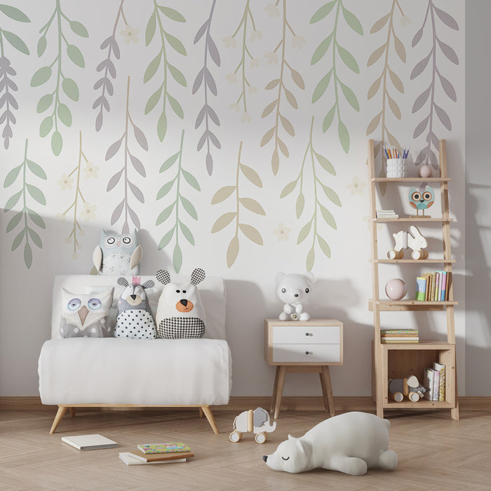 Kinderzimmer Tapete | Zarte Blätter und Blumen