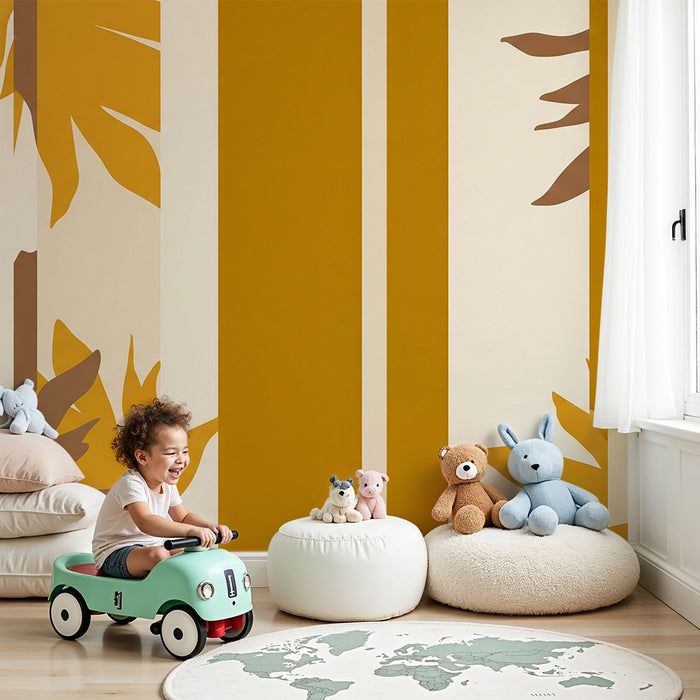 Papier peint chambre enfant | Feuilles stylisées et rayures dorées