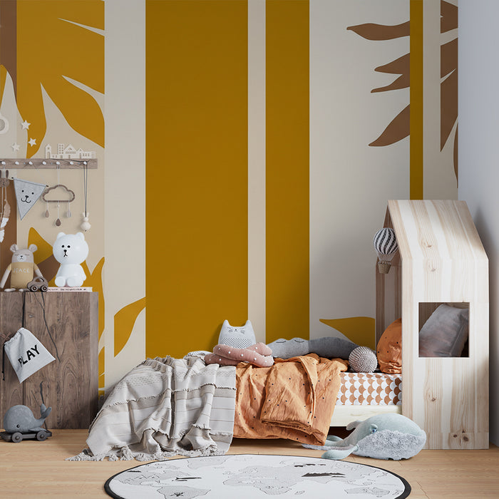 Papier peint chambre enfant | Feuilles stylisées et rayures dorées