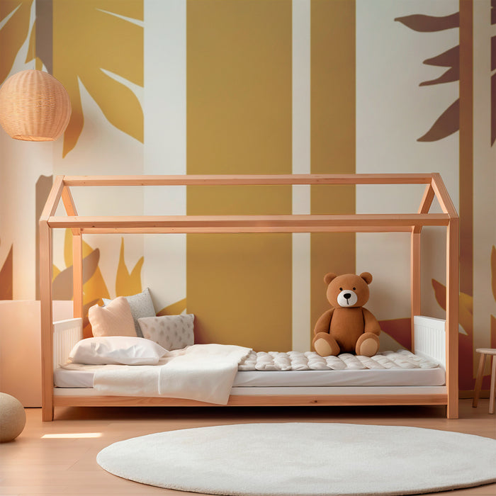 Papier peint chambre enfant | Feuilles stylisées et rayures dorées