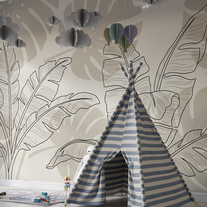 Kinderzimmer Tapete | Tropische Blätter in Beigetönen