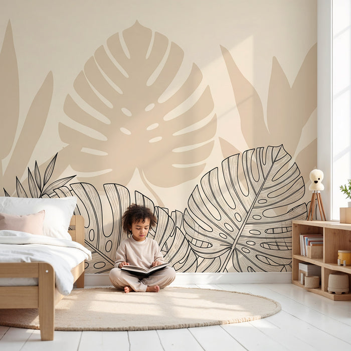 Kinderzimmer Tapete | Beige tropische Blätter mit Schatten