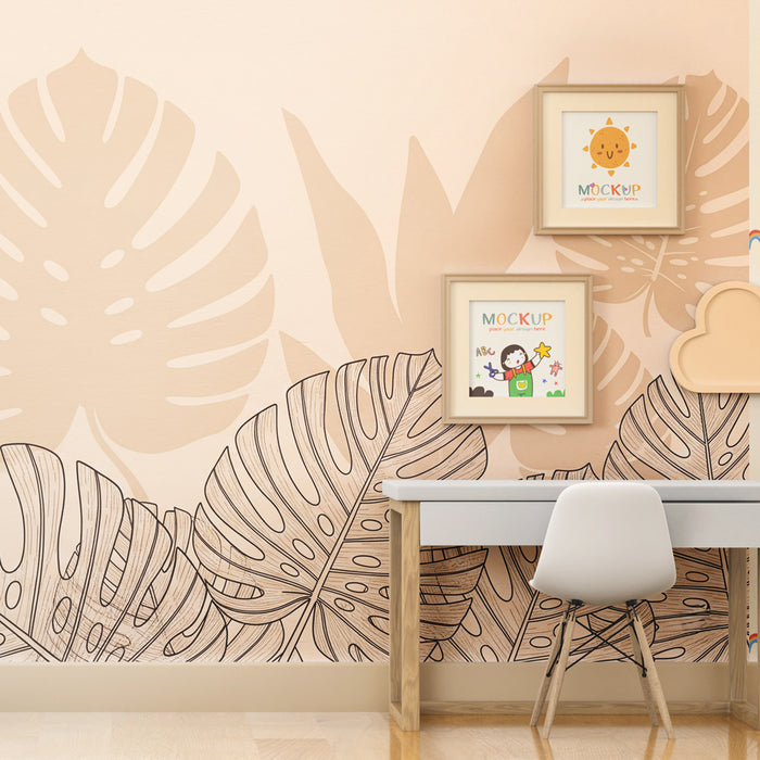 Kinderzimmer Tapete | Beige tropische Blätter mit Schatten