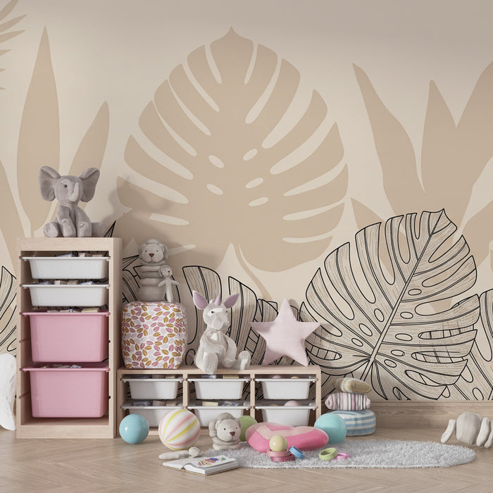 Kinderzimmer Tapete | Beige tropische Blätter mit Schatten