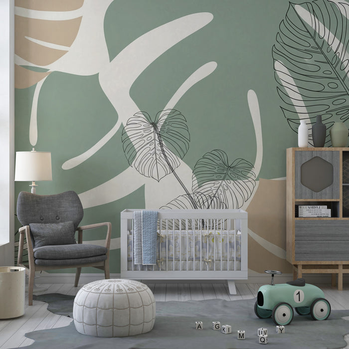Papel pintado infantil | Hojas tropicales beige y verde salvia