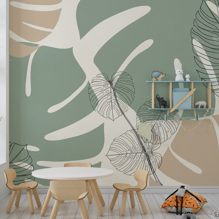 Papel pintado infantil | Hojas tropicales beige y verde salvia