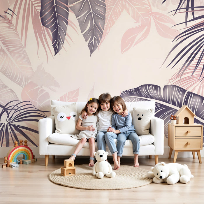 Papier peint chambre enfant | Feuilles tropicales bicolores délicates