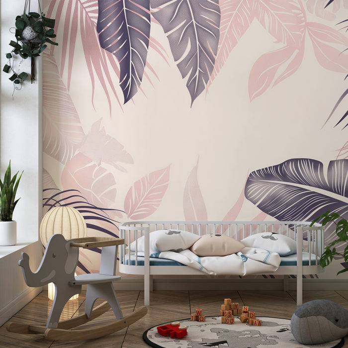 Papier peint chambre enfant | Feuilles tropicales bicolores délicates