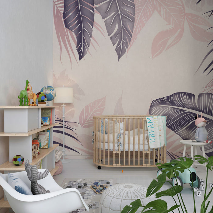 Papier peint chambre enfant | Feuilles tropicales bicolores délicates