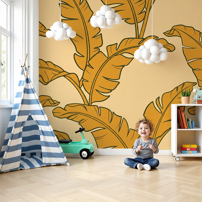 Papel de parede para quarto infantil | Folhas tropicais douradas sobre fundo bege